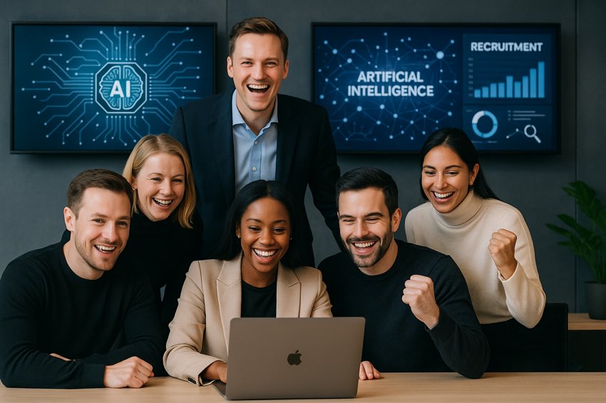 Glada människor i kontorsmiljö som samarbetar med hjälp av AI-teknologi